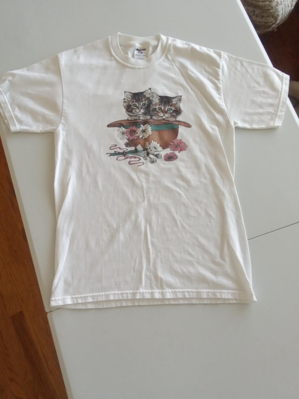 Jerzees White Short-Sleeve Tee with Kitten and Floral Graphic